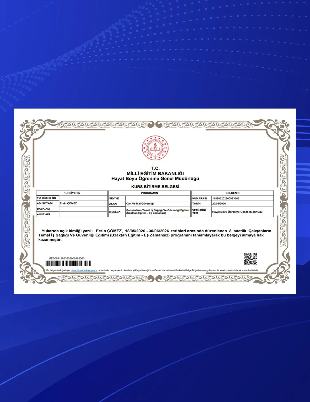Millî Eğitim Bakanlığı Kurs Bitirme Belgesi